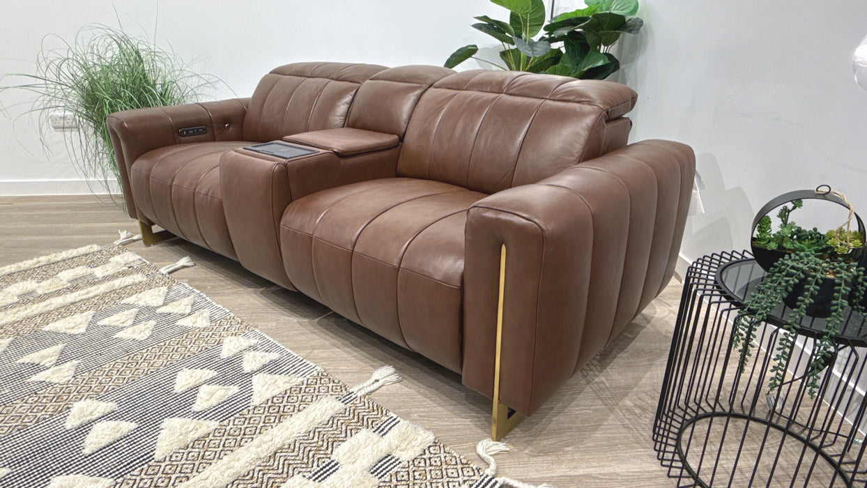 Sofology Paramount Leather 2.5 Seater Console Power Recliner/Headrest Speakers Heated Seats in Trusty Embossed Chestnut