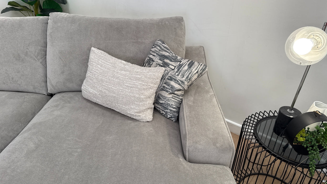 Sofology Wildwood Fabric 4 Seater Double Chaise with Footstool in Soft Sherpa Silver Contrast Piping