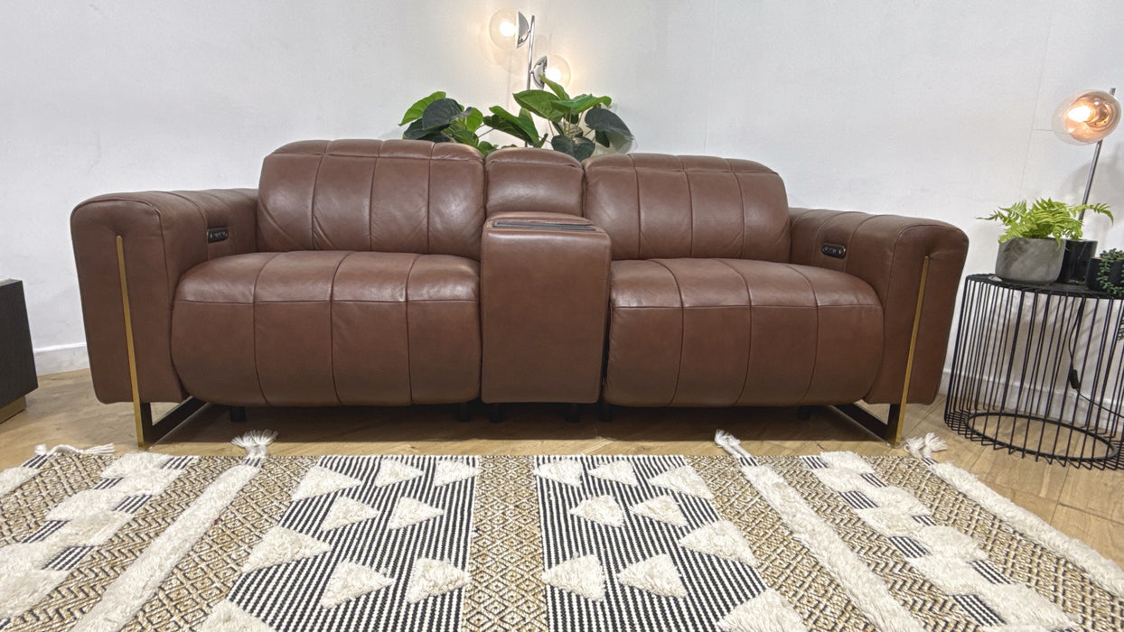 Sofology Paramount 2.5 Leather Sofa Power Recliner, Power Hdrst and Speakers + Console in Embossed Leather Chestnut
