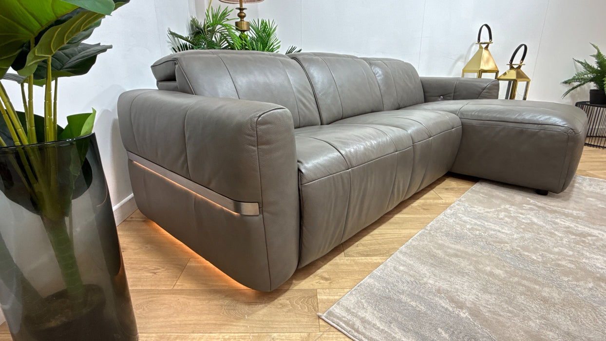 Sofology Lumiere Leather 4 Seater Chaise Power Recliner/Headrest Heated Seats Gunmetal Trim in Trusty Embossed Grey