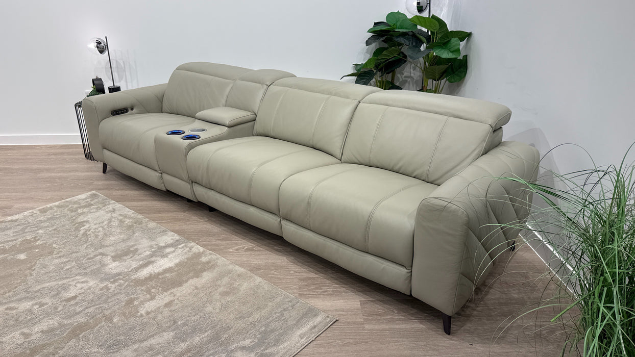 Sofology Allure Leather 3 Seater Power Recliner/Headrest Heated Seats Lumbar Support Speakers in Trusty Embossed Light Grey