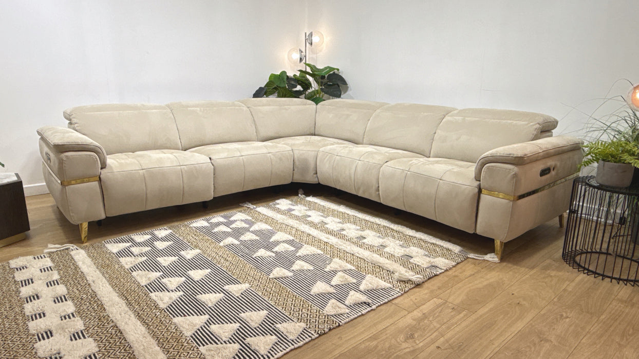 Sofology Milan Fabric 3 Corner 3 Power Recliner/Headrest Heated Seats Lumbar Support with Trim in Lifestyle Nubuck Feel Fabric Stone