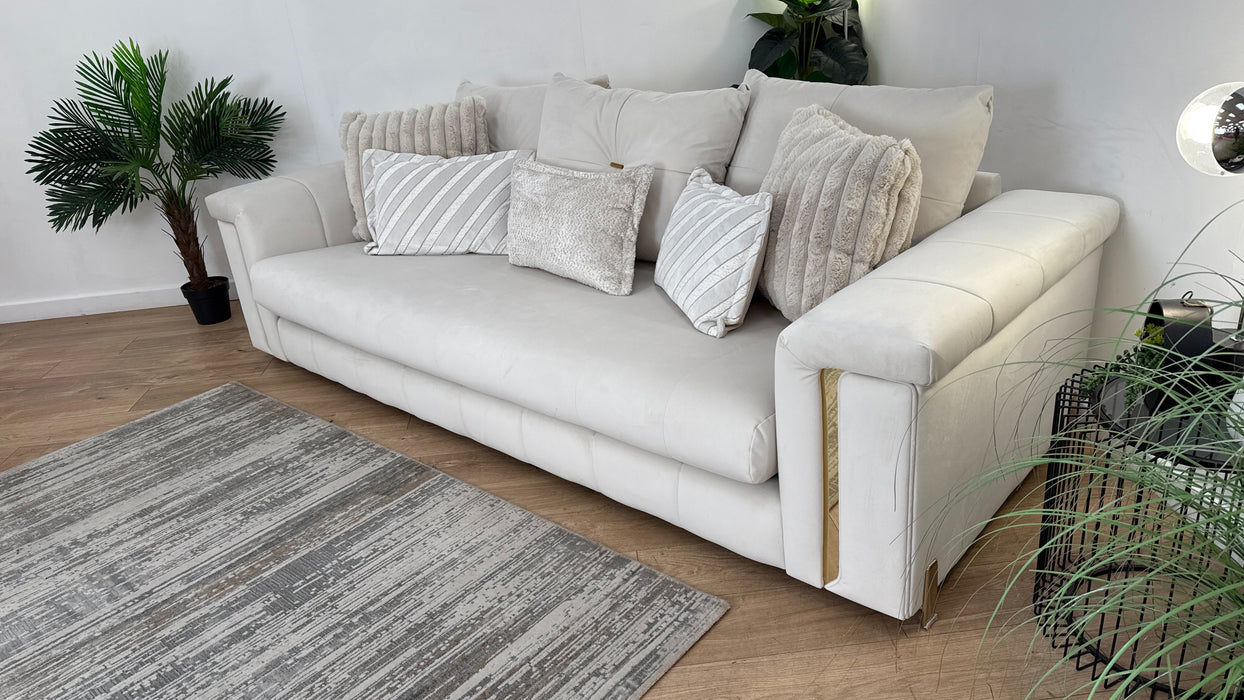 Sofology The Oscar Fabric 4 Seater Gold Trim in Super Matt Velvet Ecru Mix