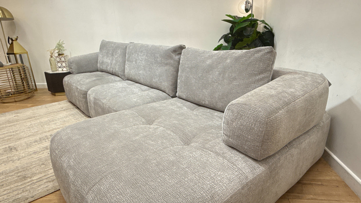 Sofology Fabric Flex 4 Seater Chaise Large Full Back Power Motion Back in Heavy Textured Chenille Light Grey