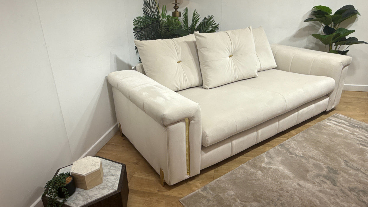 Sofology Oscar Fabric 3 Seater Gold Trim in Super Matt Velvet Ecru Mix