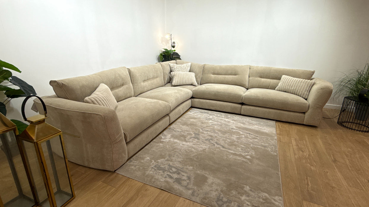 Sofology Reign Fabric 3 Corner 3 Gold Trim in Luxe Sherpa French Beige/Natural Mix