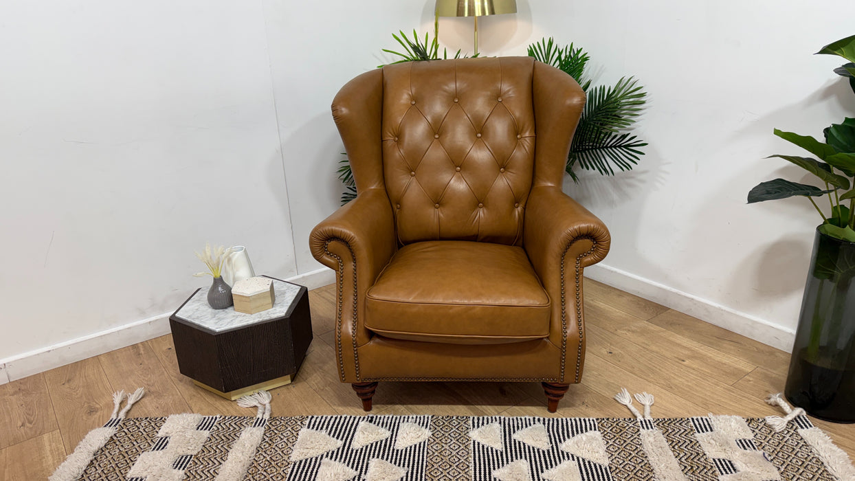Sofology Darcy Leather Accent Wing Chair with Studs in Trusty Supersoft Sheen Tan