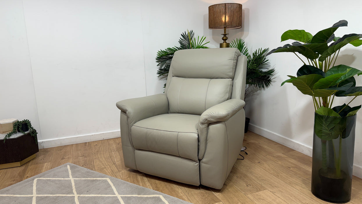 Sofology Bradie Leather Chair Power Recliner/Headrest in Trusty Embossed Light Grey