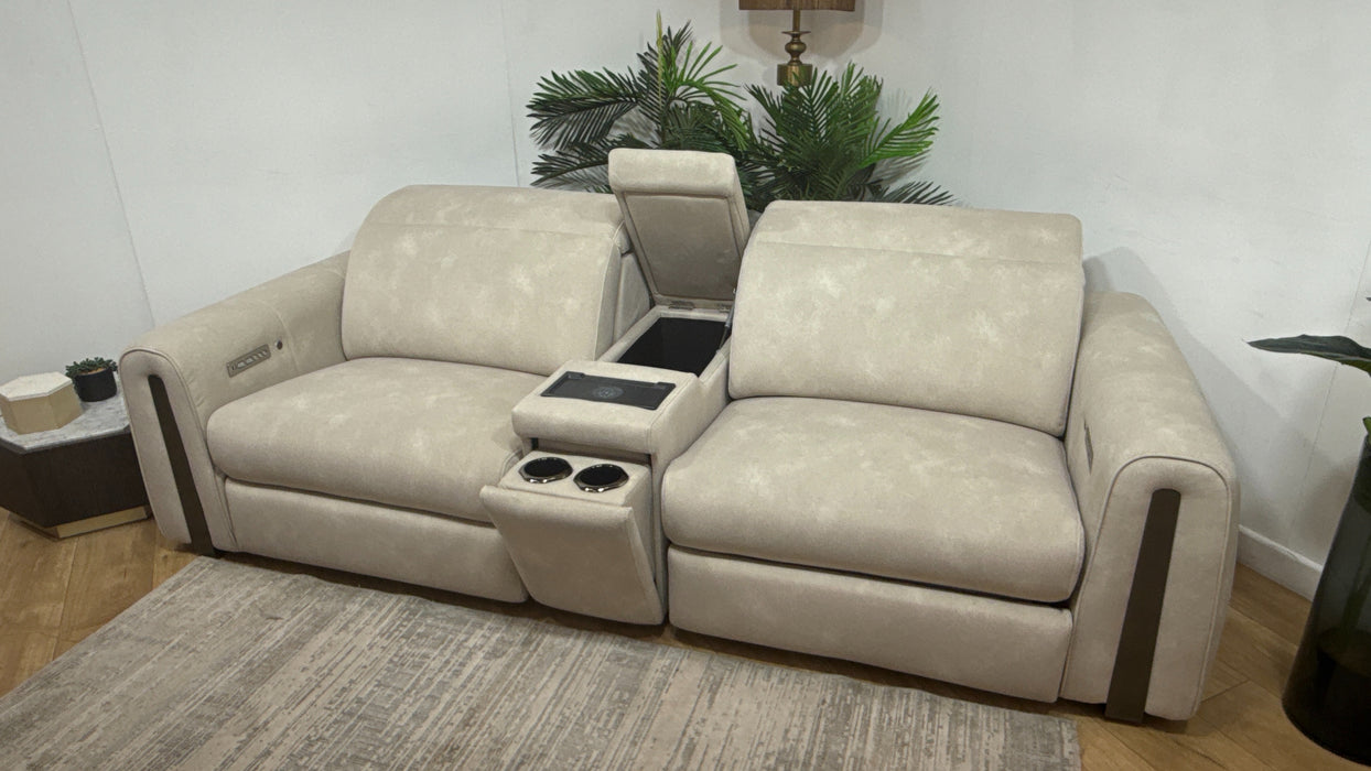 Sofology Kingsbridge Fabric 2.5 Seater Smart Console Power Recliner/Headrest Heated Seats in Lifestyle Flecked Ivory