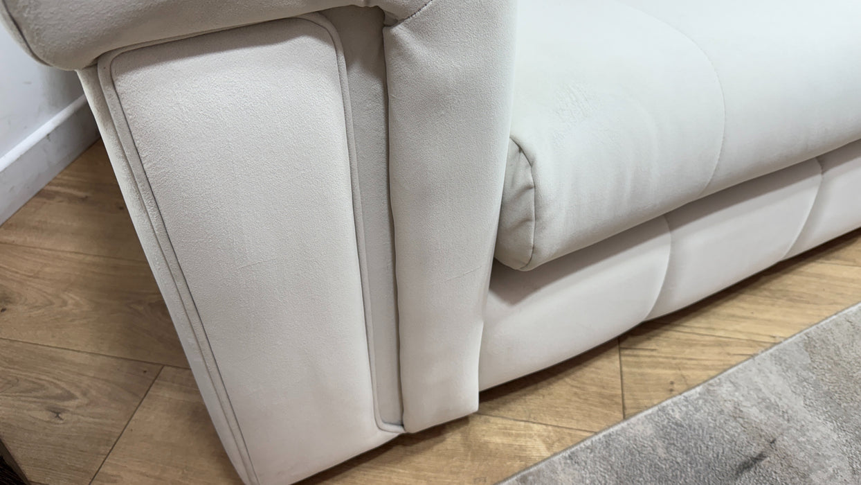 Sofology Oscar Fabric 4 Seater Distressed Walnut Trim in Super Matt Velvet Ecru Mix
