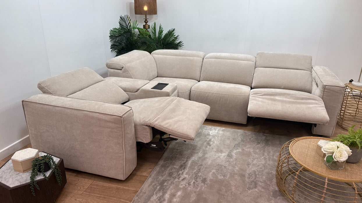 Sofology Horizon Fabric 1.5 Smart Console Corner 3 Power Recliner/Headrest Heated Seats in Textured Chenille Stone