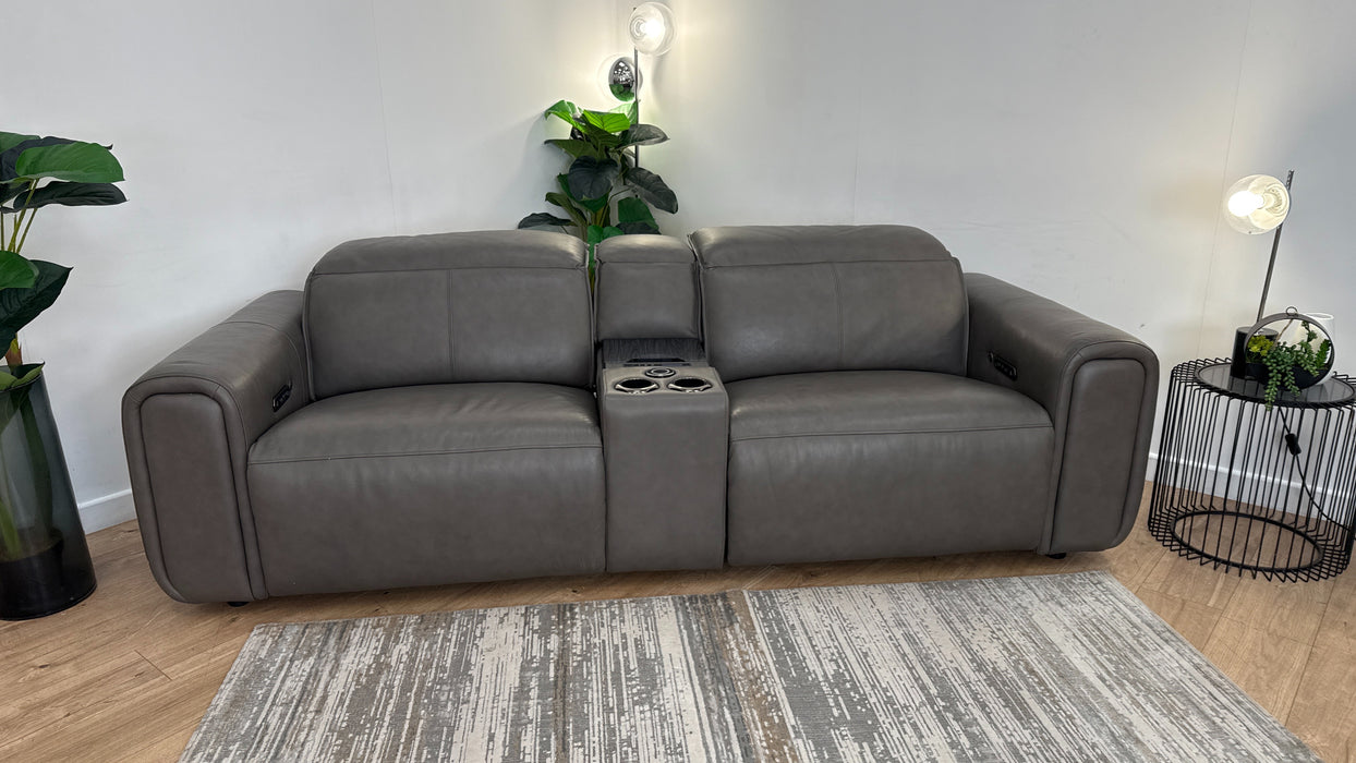 Sofology Premiere Leather 2.5 Seater Smart Console Power Recliner/Headrest Heated Seat in Trusty Embossed Grey