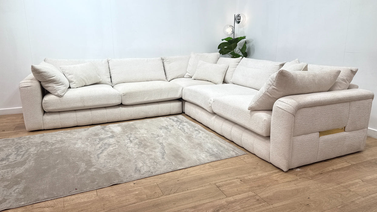 Sofology Westwood Fabric 3 Corner 3 Gold Trim in Soft Boucle Ecru