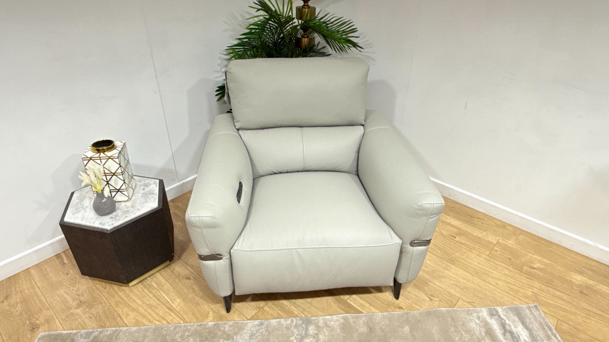 Sofology Arlington Leather Chair Power Recliner/Headrest Lumbar in Trusty Matt Light Grey