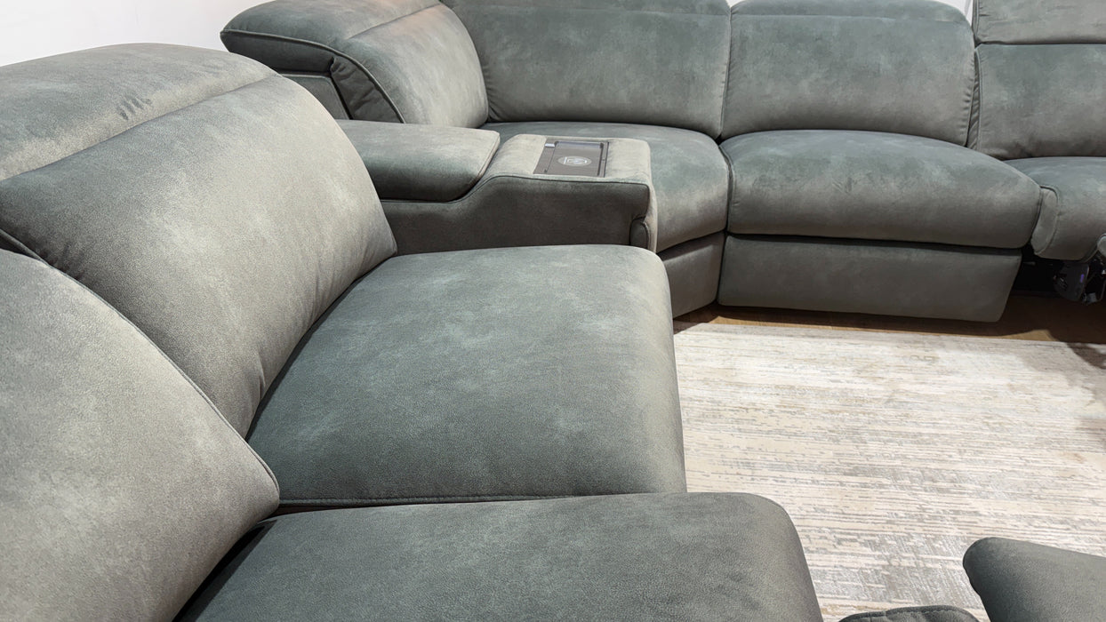 Sofology Plaza Fabric 3 Corner Smart Console 3 Power Recliner/Headrest Heated Seat in Lifestyle Flecked Mineral Green