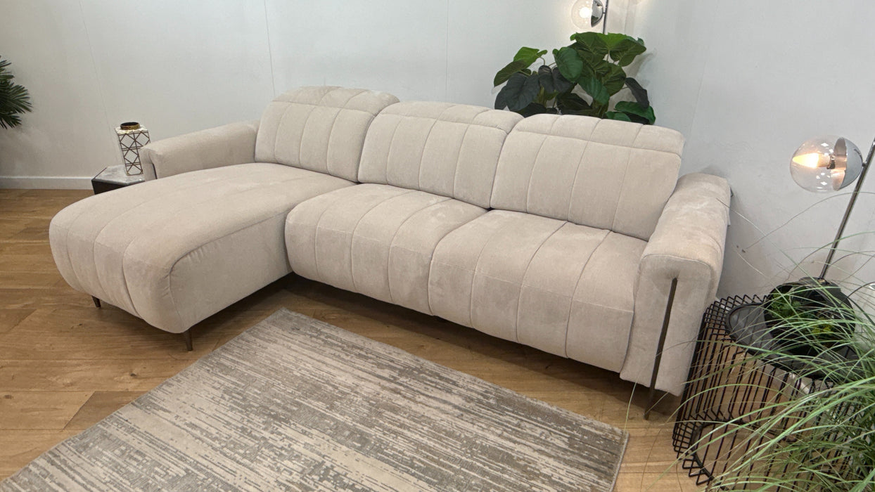 Sofology Paramount Fabric Chaise 4 Seater Power Recliner/Headrest Heated Seats in Relaxed Chenille Cotton