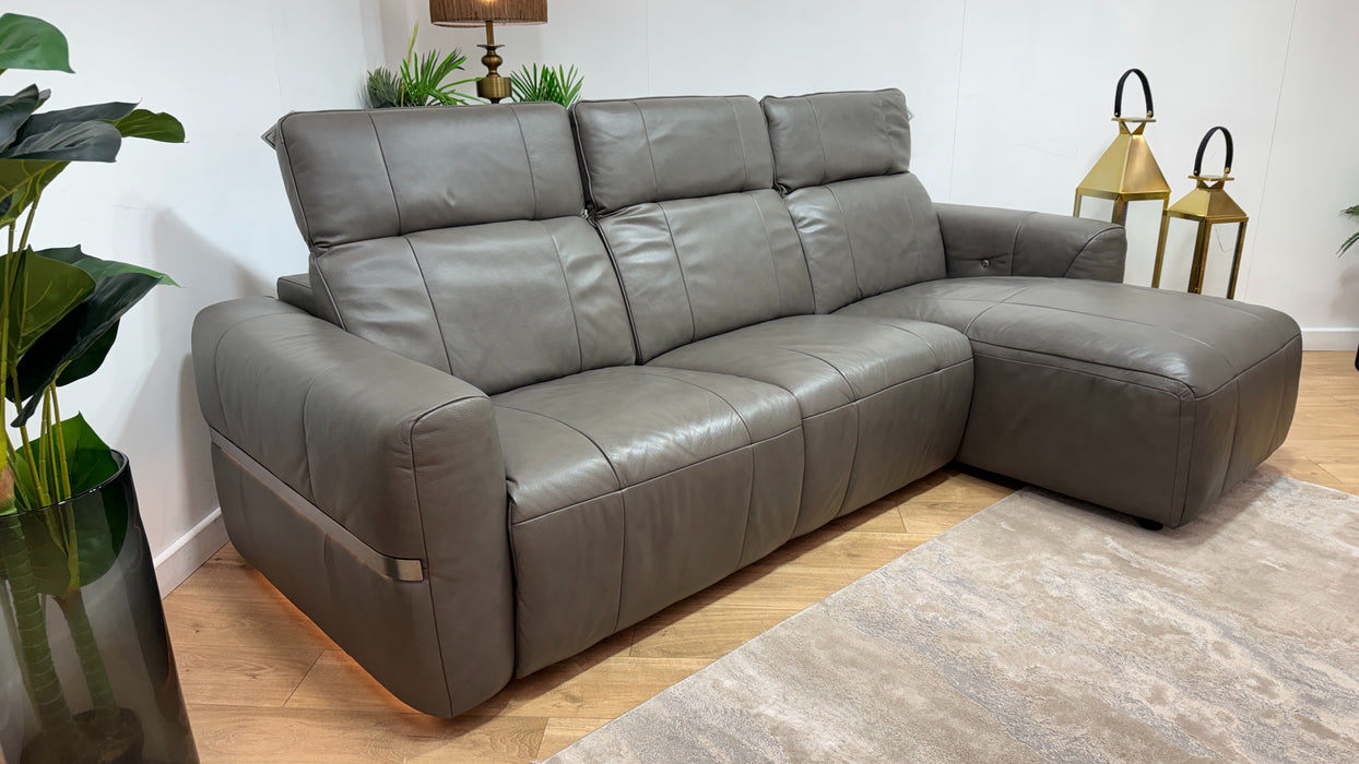 Sofology Lumiere Leather 4 Seater Chaise Power Recliner/Headrest Heated Seats Gunmetal Trim in Trusty Embossed Grey
