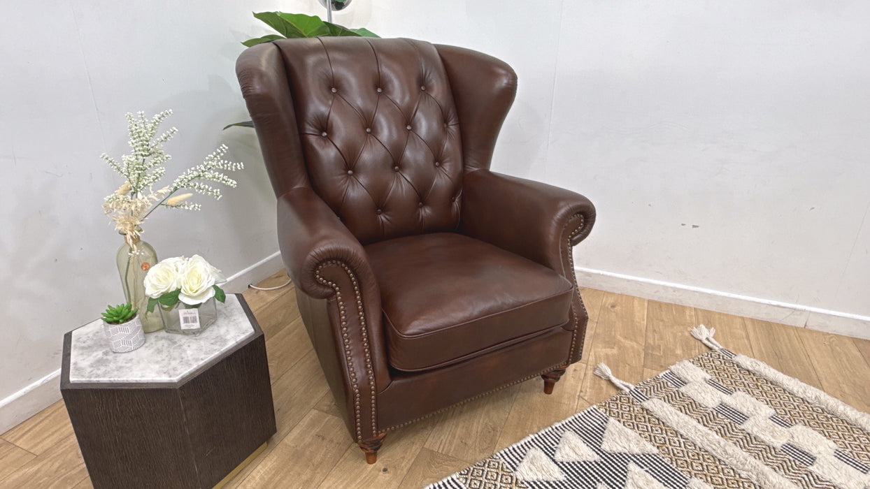 Sofology Darcy Leather Accent Wing Chair with Studs in Trusty Supersoft Sheen Chestnut