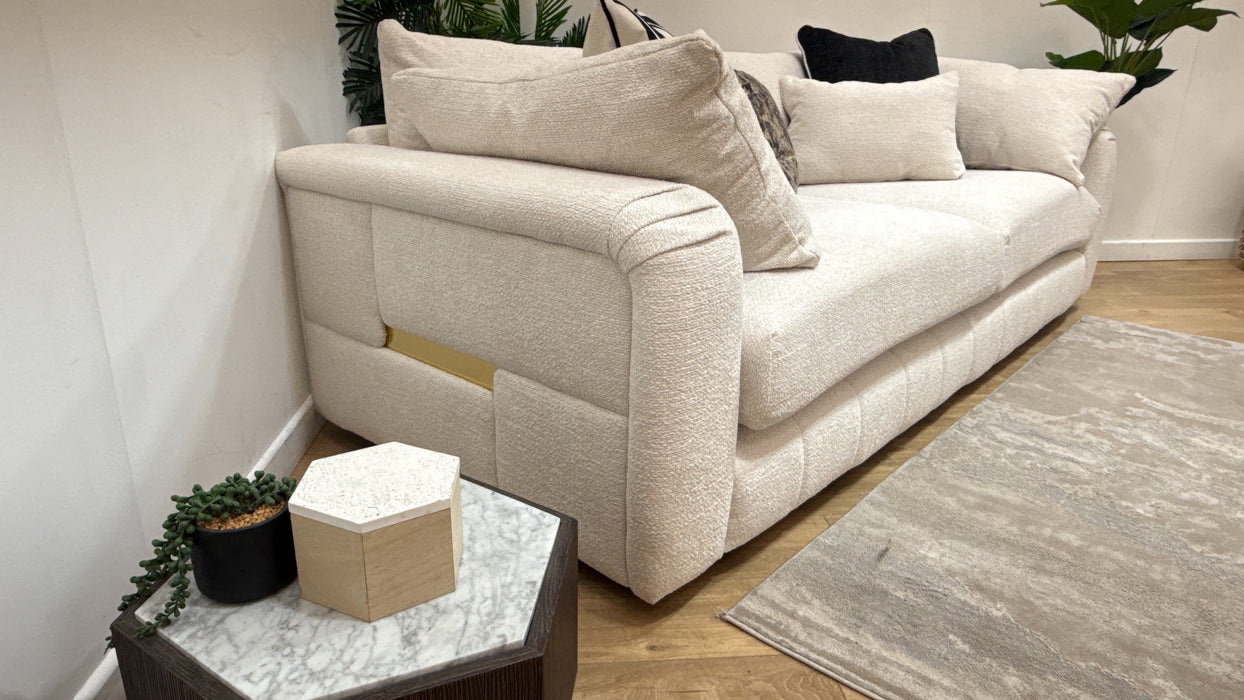 Sofology Westwood Fabric 4 Seater Gold Trim in Soft Boucle Ecru Mix