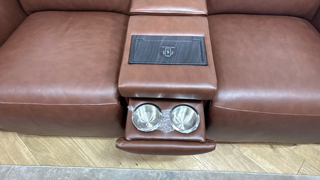 Sofology Horizon Leather 2 Seater Smart Console Power Recliner/Headrest in Trusty Embossed Chestnut
