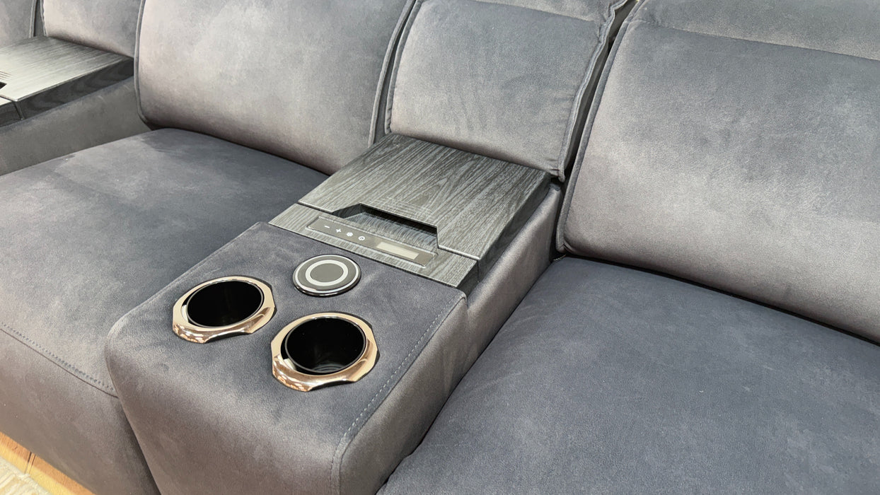 Sofology Premiere Fabric 3 Seater Compact Cinema Sofa Smart Consoles Power Recliner/Headrest x 3 in Lifestyle Flecked Anthracite