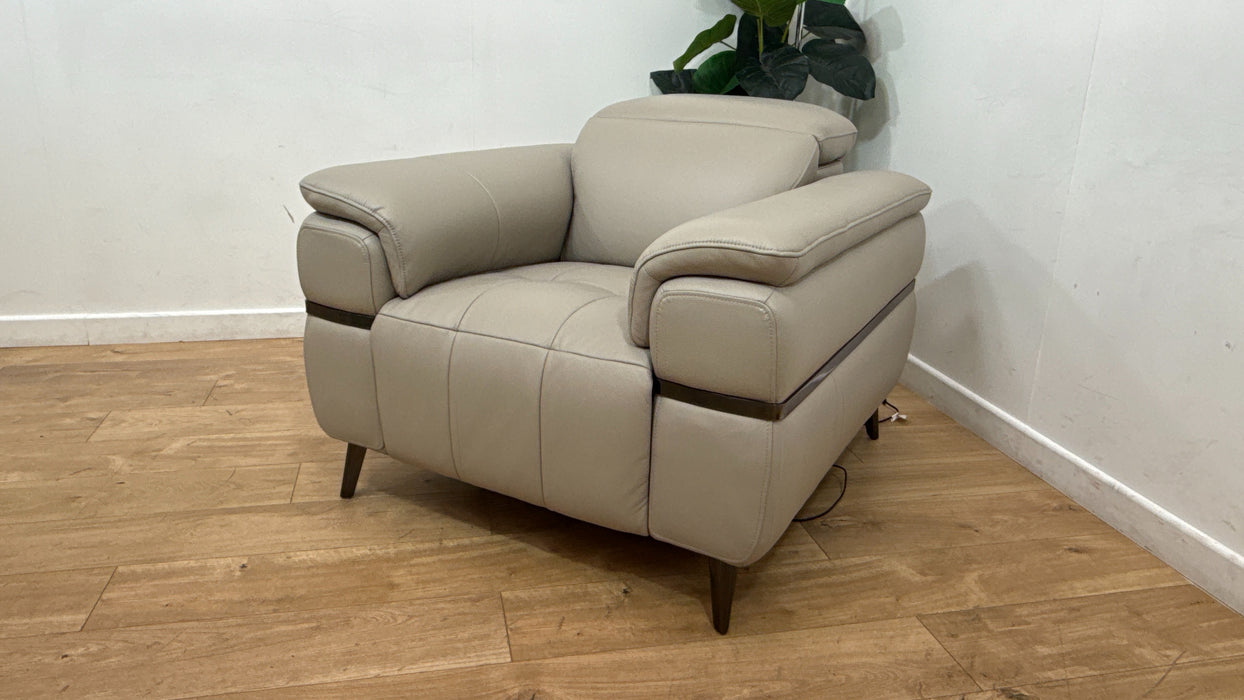 Sofology Milan Leather Chair Power Recliner/Headrests Lumbar Support in Trusty Embossed Light Grey