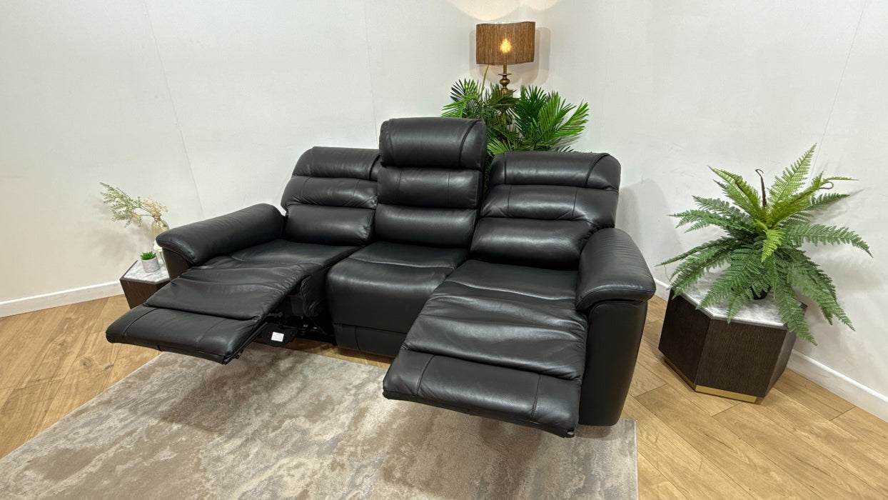 Sofology Cleveland Leather 3 Seater Power Recliner/Headrest Heated Seats Lumbar Support in Trusty Embossed Jet Black