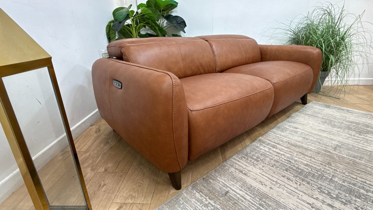 Sofology Larsen Fabric 3 Seater Asymmetrical Power Recliner/Headrest in Relaxed Soft Leather Tan