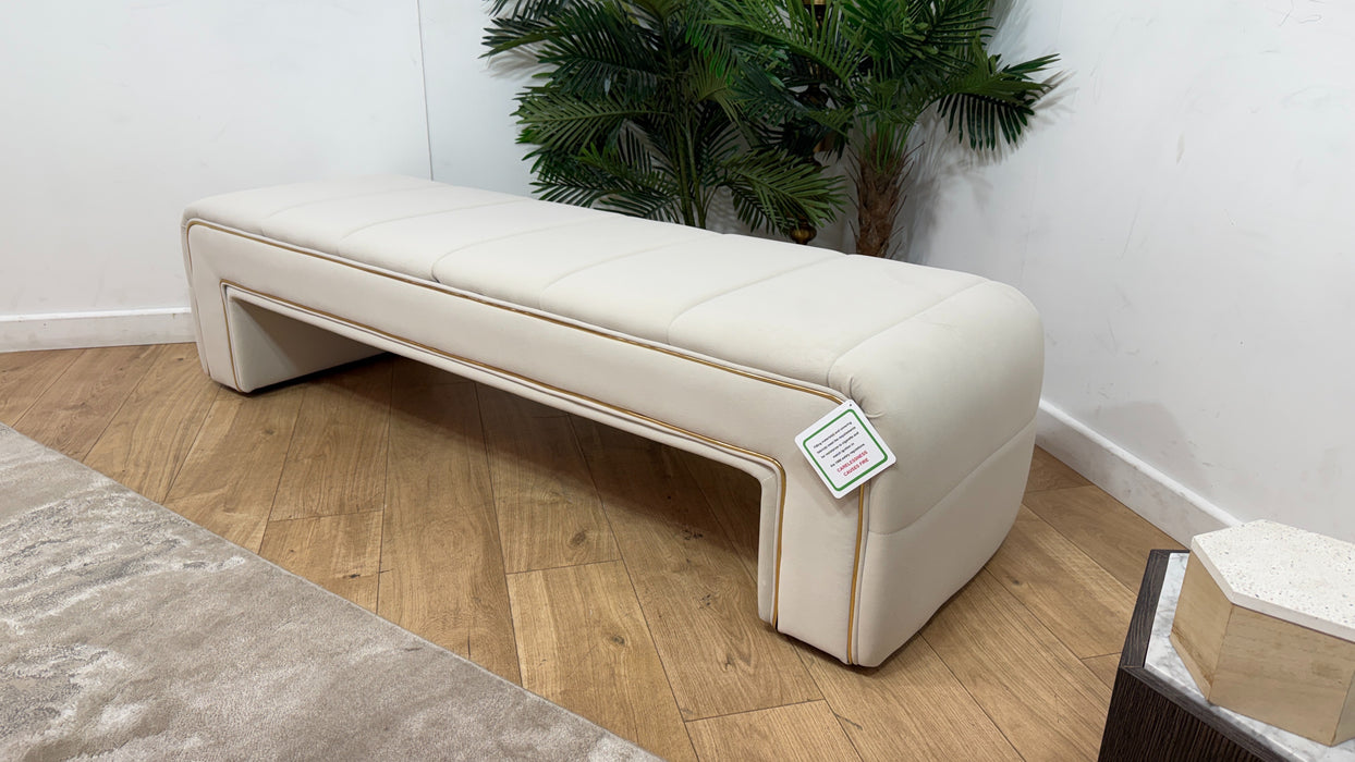 Sofology Oscar Fabric Large Bench Footstool Gold Trim in Super Matt Velvet Ecru