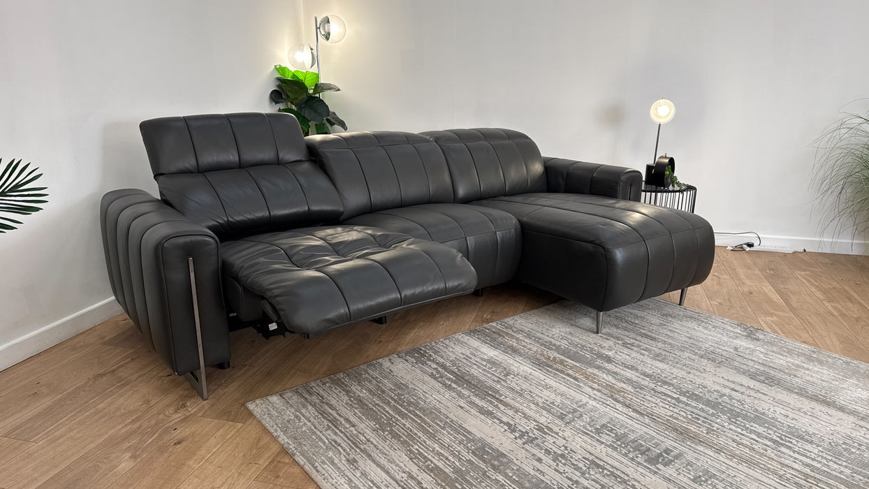 Sofology The Paramount Leather 4 Seater Chaise Power Recliner/Headrest Speakers in Trusty Embossed Charcoal