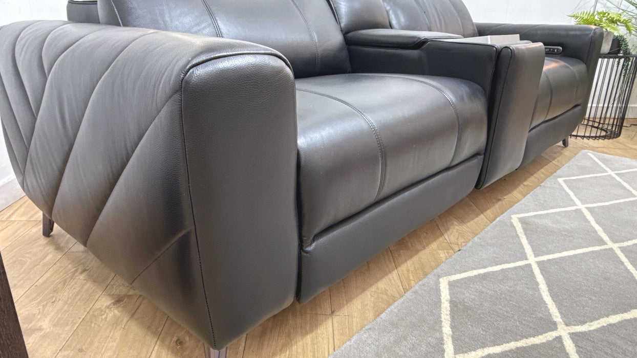 Sofology Allure Leather 2.5 Seater Screen Console Power Recliner/Headrest Heated Seats Lumbar Speakers in Trusty Embossed Jet Black