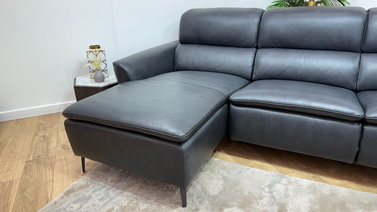 Sofology Viento Leather Chaise 3 Seater Power Recliner/Headrest Lumbar in Trusty Embossed Navy