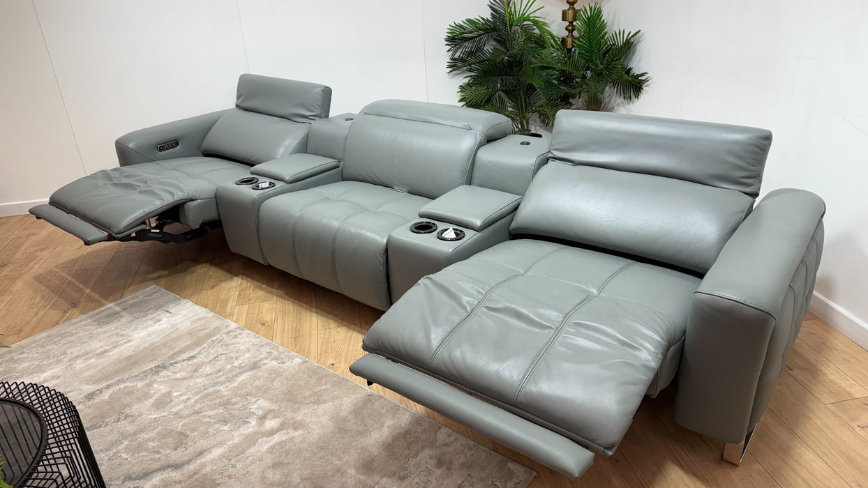 Sofology Marvella Leather 3 Seater Cinema Console Power Recliner/Headrest x 2 in Trusty Sheen Granite Teal
