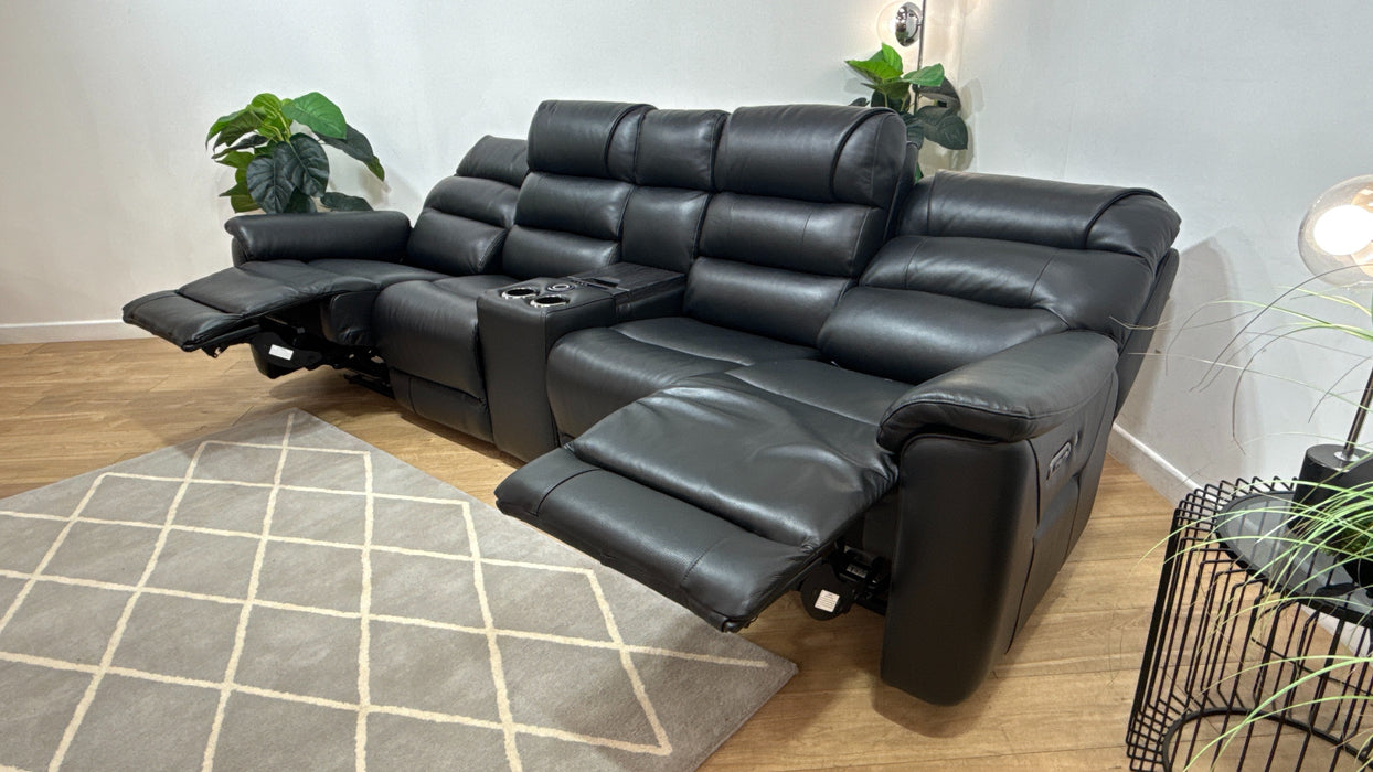 Sofology Cleveland 4 Seater Leather Power Recliner, Heated Seats, Lumbar + Console in Trusty Embossed Jet Black