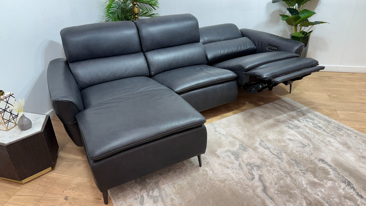 Sofology Viento Leather Chaise 3 Seater Power Recliner/Headrest Lumbar in Trusty Embossed Navy