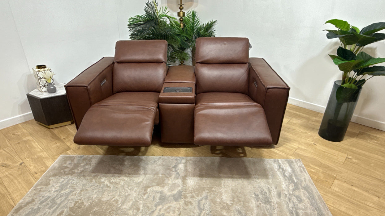 Sofology Horizon Leather 2 Seater Smart Console Power Recliner/Headrest in Trusty Embossed Chestnut