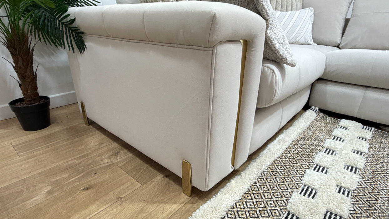 Sofology Oscar Fabric 1 Corner 3 Gold Trim in Super Matt Velvet Ecru Mix