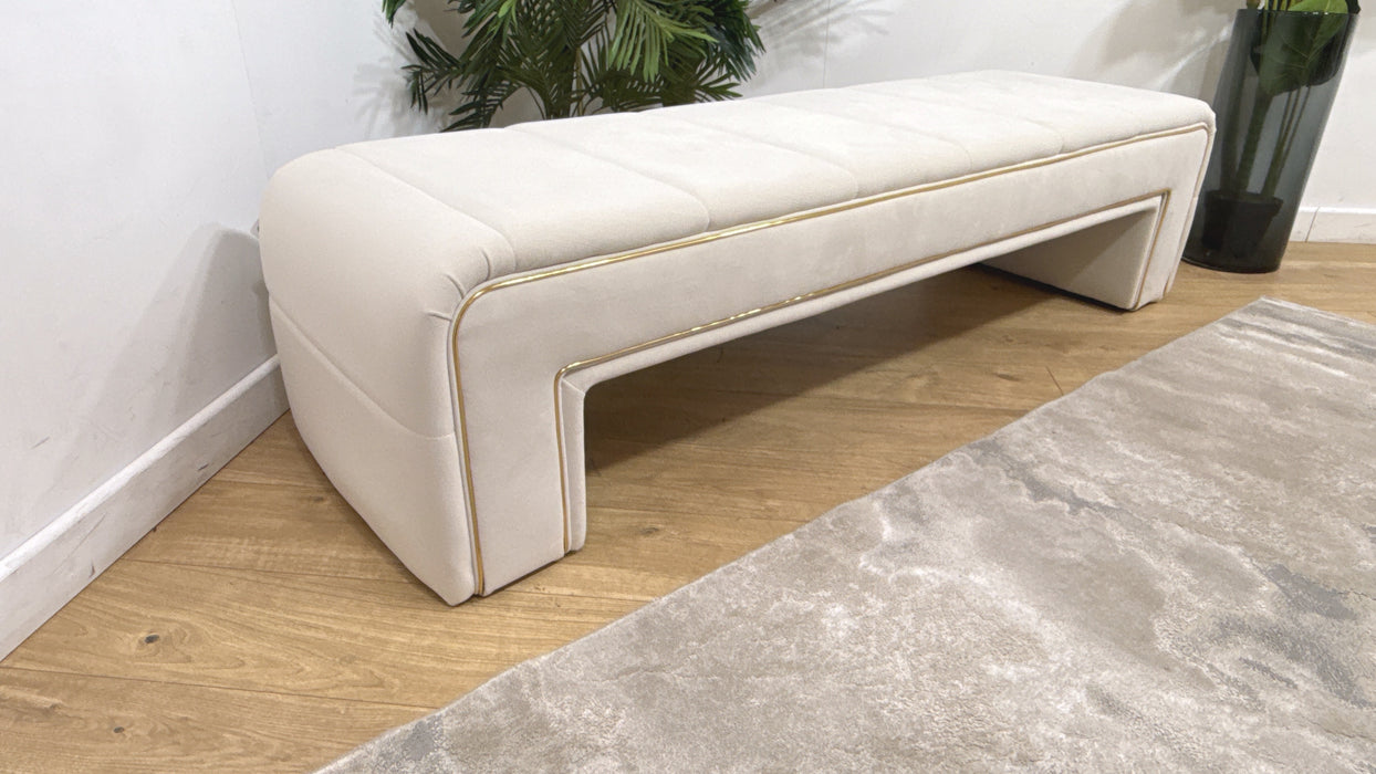 Sofology Oscar Fabric Large Bench Footstool Gold Trim in Super Matt Velvet Ecru
