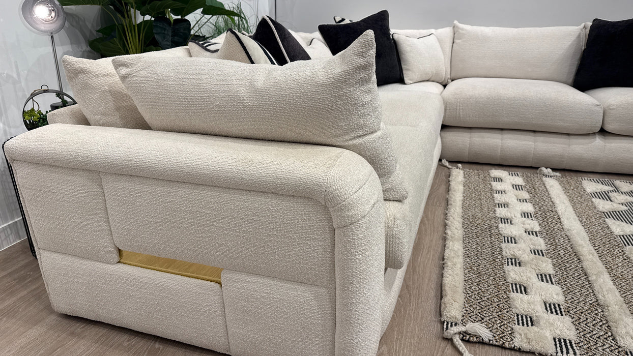 Sofology Westwood Fabric 3 Corner 3 Gold Trim in Soft Boucle Ecru Mix