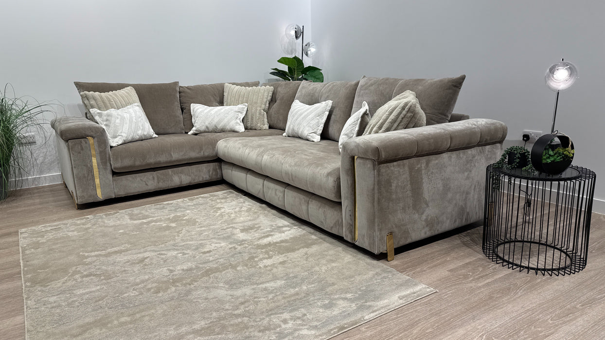 Sofology Oscar Fabric 1 Corner 3 Gold Trim in Fine Textured Chenille Stone Mix