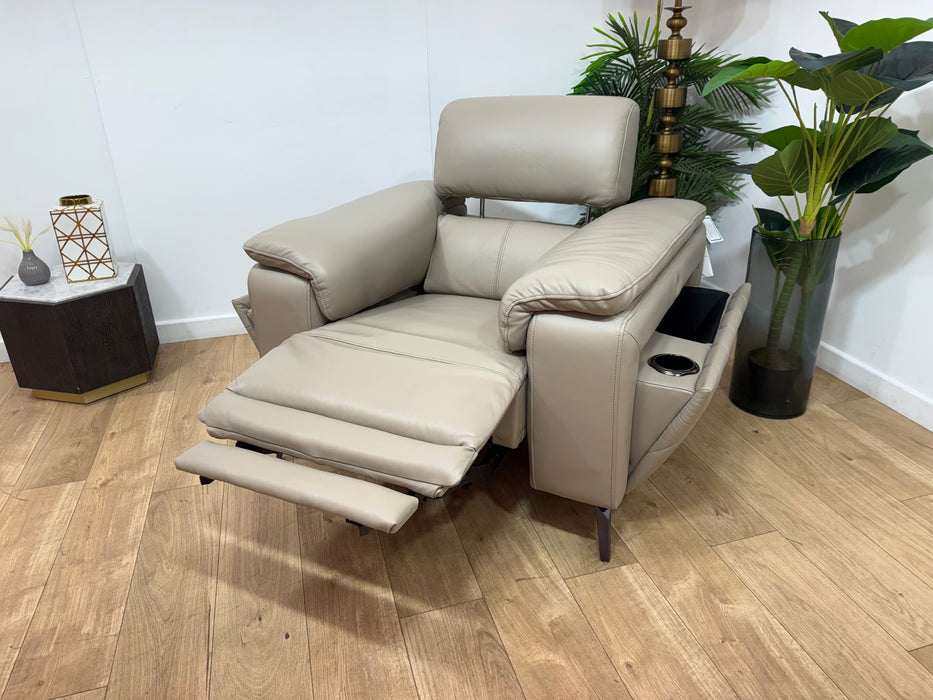 Sofology Fratelli Leather Chair Power Recliner/Headrest in Trusty Embossed Stone