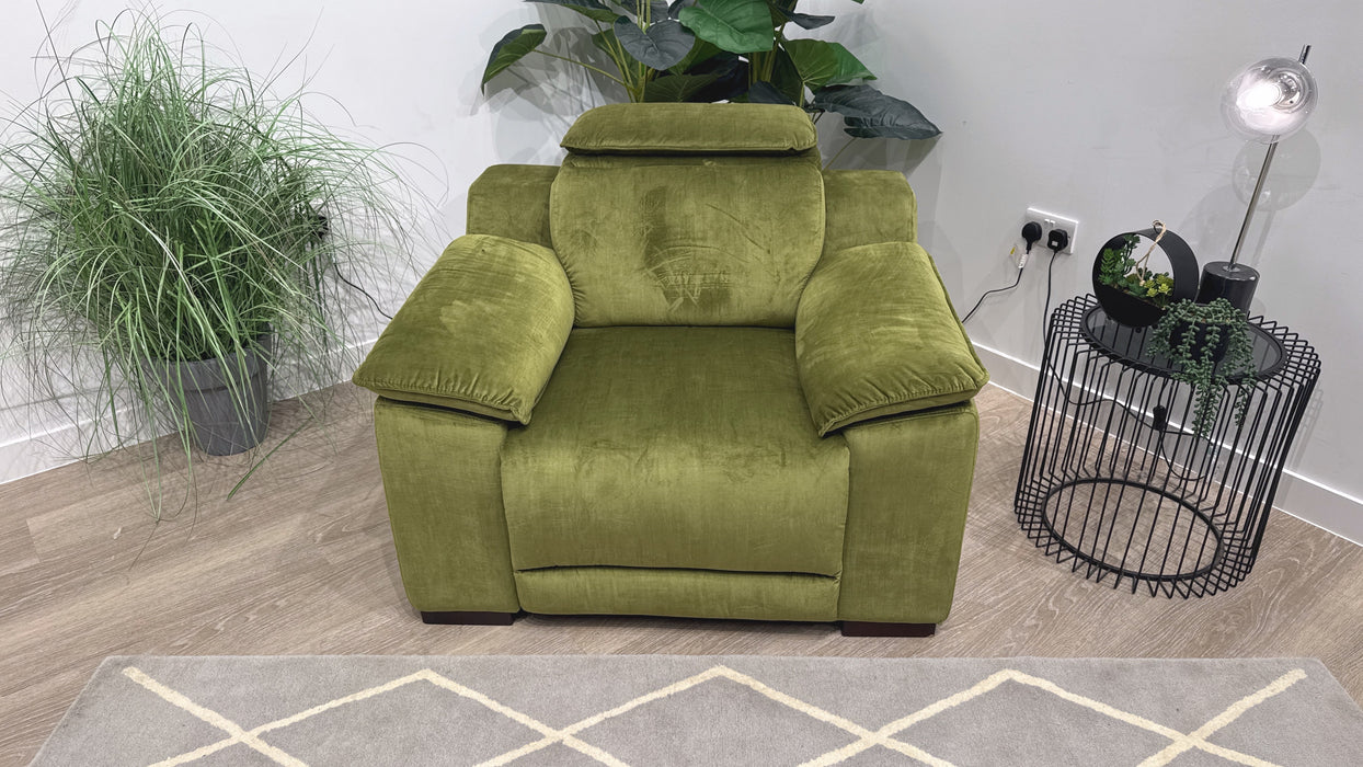 Sofology Benz Fabric Chair Power Recliner/Headrest in Heritage Velvet Olive