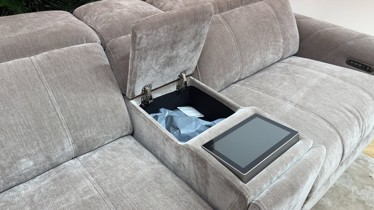 Sofology Allure Fabric 2.5 Seater Screen Console Power Recliner/Headrest Heated Seats Lumbar Speakers in Relaxed Chenille Nutmeg