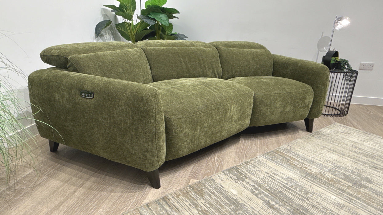 Sofology Larsen Fabric Asymmetrical 3 Seater Power Recliner/Headrest in Chunky Linen Look Chenille Olive