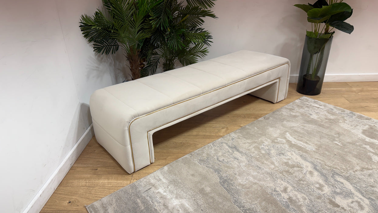 Sofology Oscar Fabric Large Bench Footstool Gold Trim in Super Matt Velvet Ecru
