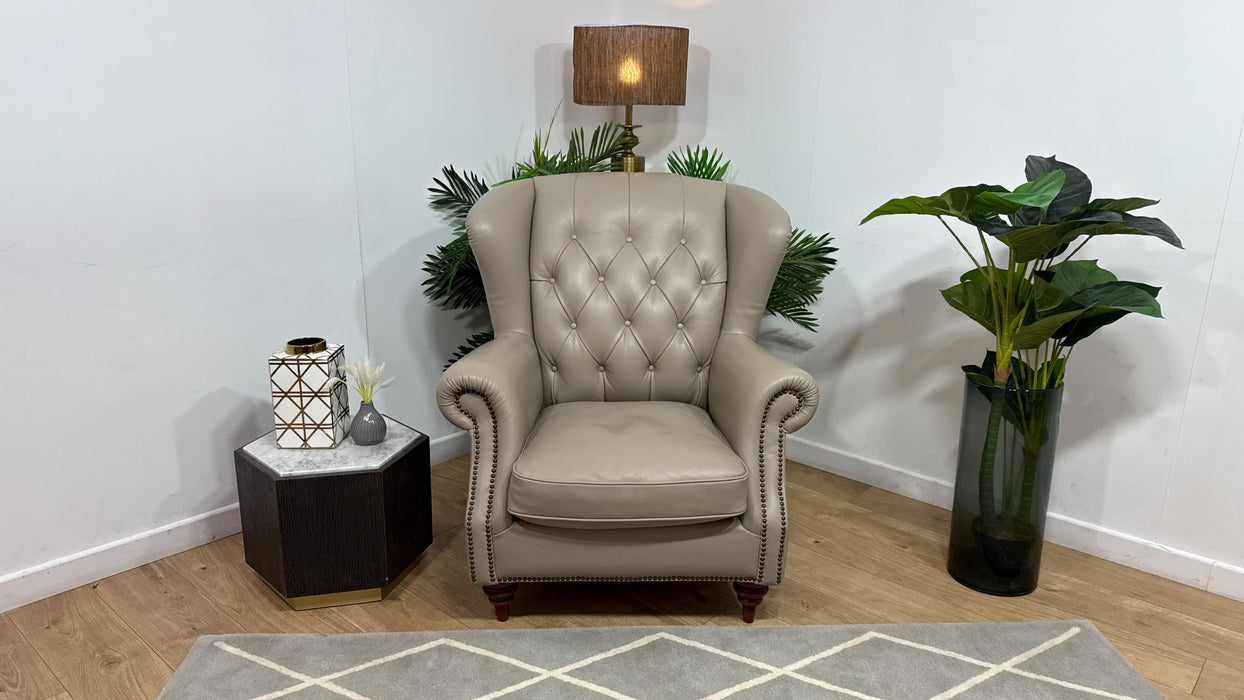Sofology Darcy Leather Accent Wing Chair with Studs in Trusty Embossed Stone