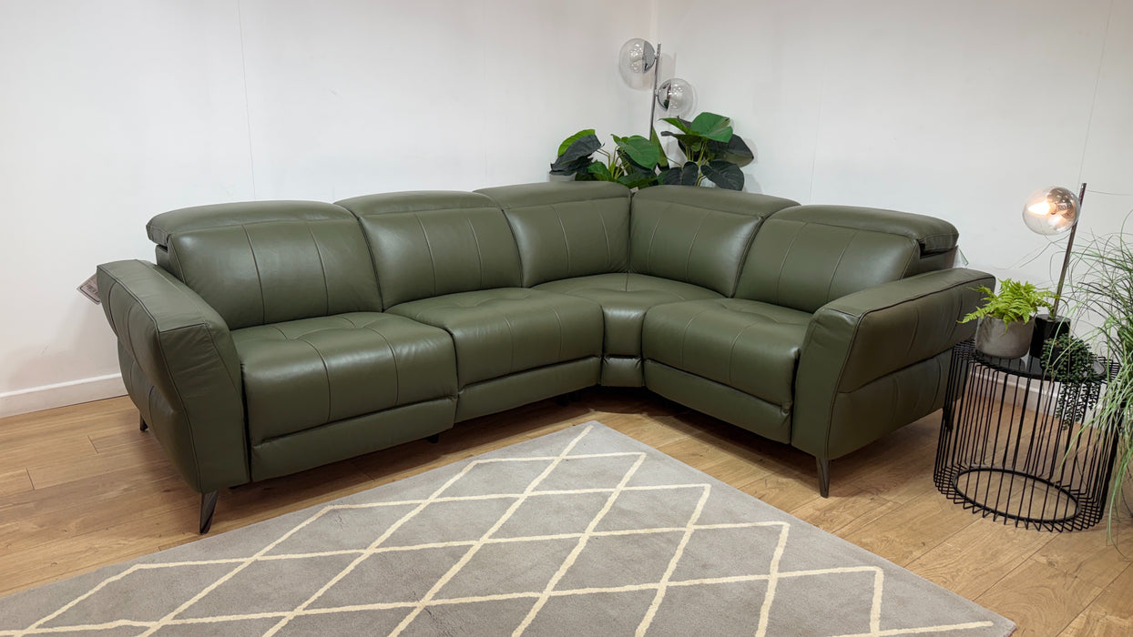 Sofology Jax Leather 3 Corner 1.5 Power Recliner/Headrest Heated Seats Lumbar Support in Trusty Embossed Dark Olive