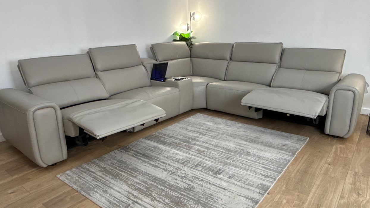 Sofology Premiere Leather 3 Corner Smart Console 3 Power Recliner/Headrest in Trusty Embossed Light Grey