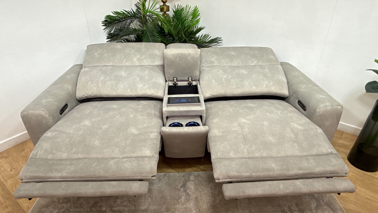 Sofology Allure Fabric 2.5 Seater Screen Console Power Recliner/Headrest Heated Seats Lumbar Support Speakers in Lifestyle Flecked Stone
