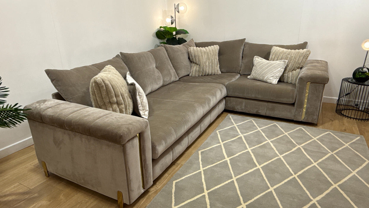 Sofology Oscar Fabric 3 Corner 1 Gold Trim in Fine Textured Chenille Stone Mix